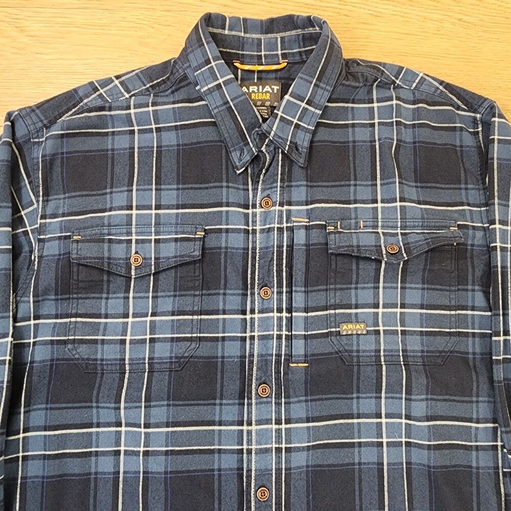 Ariat Rebar Shirt Mens XXL Blue Plaid Long Sleeve Button Up Pockets Workwear